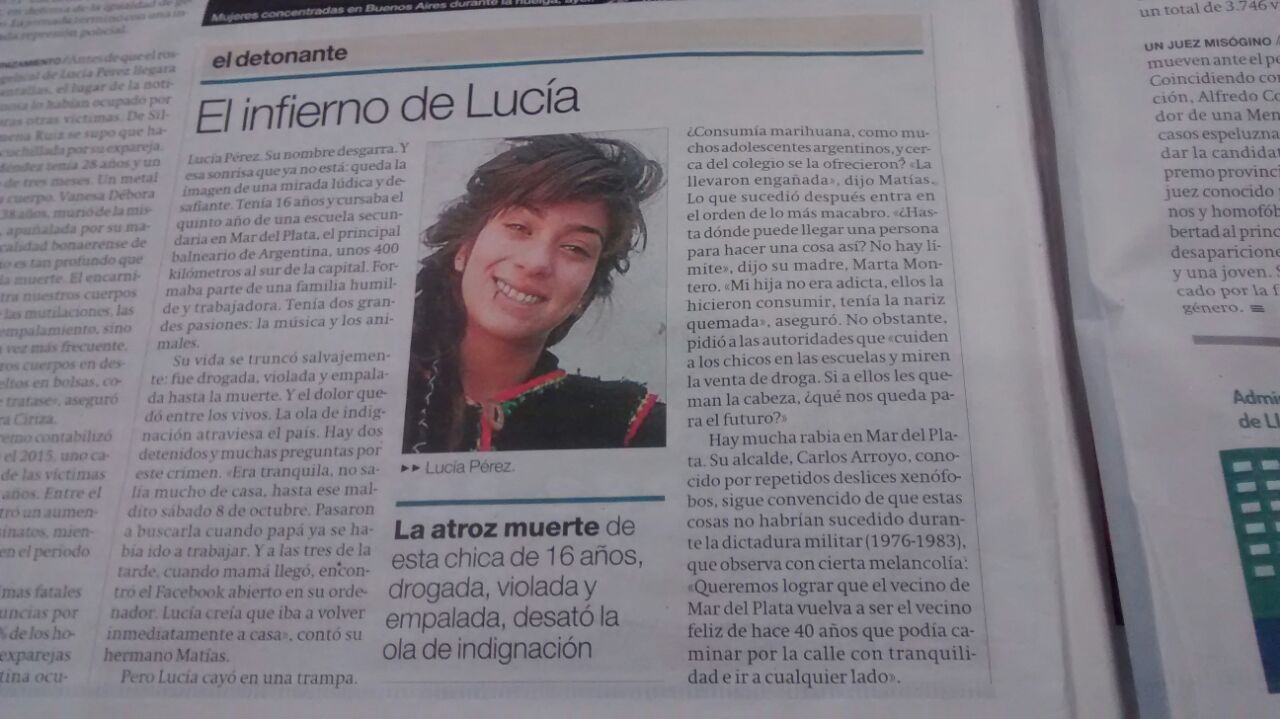  Notable repercusión tuvo en la prensa internacional el asesinato de la joven marplatense Lucía Pérez. En la foto, un artículo de "El Periódico" de Cataluña, España.