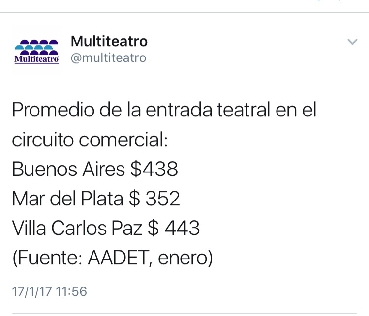 El tuit que informa que la entrada al teatro en Mar del Plata, en promedio, es más barata que en la Ciudad de Buenos Aires y que en Carlos Paz. 