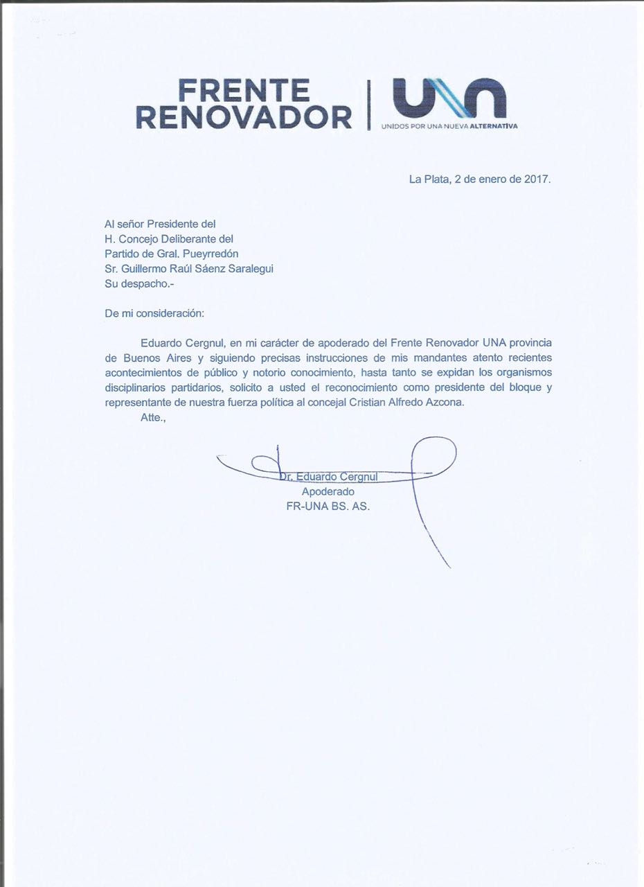 El comunicado del Frente Renovador donde se consigna la decisión de separar al concejal Lucas Fiorini de la presidencia del bloque.