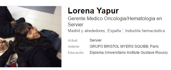 Perfil profesional de una mujer llamada Lorena Yapur, especialista oncóloga y hematóloga.