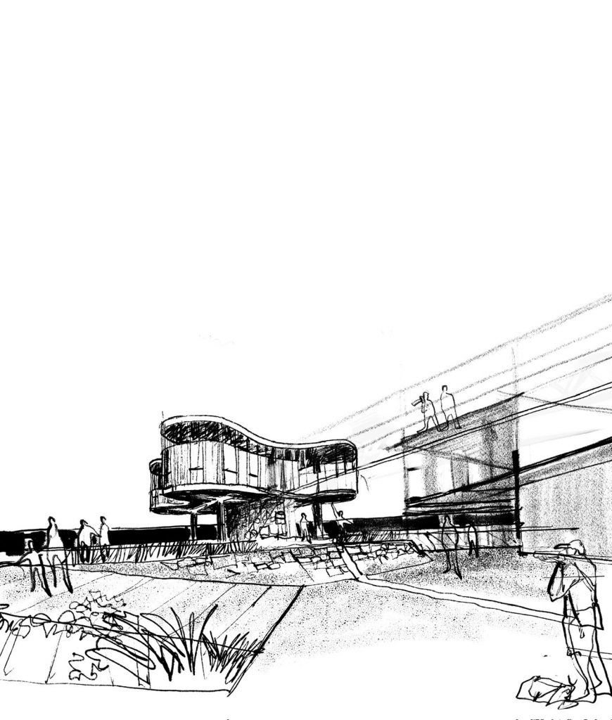 Visualización del proyecto: el Parador Ariston restaurado con el hotel como telón de fondo urbano.