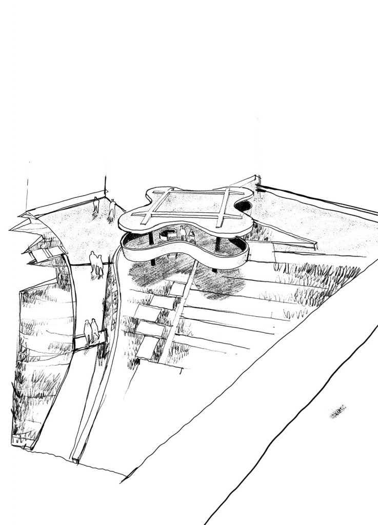 Boceto del conjunto: el Parador Ariston como protagonista, con La Fonte D'Oro como mirador y el hotel como telón de fondo.