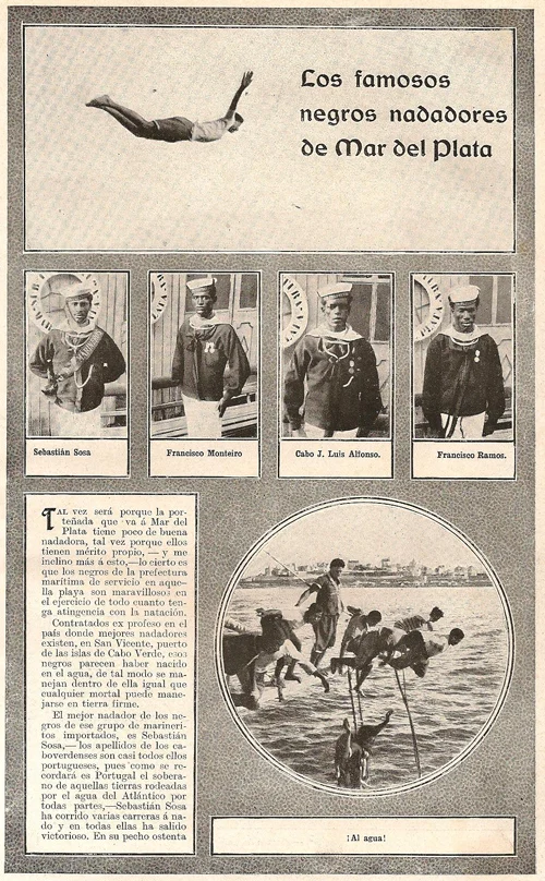 Artículo de Caras y Caretas editado en febrero de 1913. Se refiere a la contratación de expertos nadadores de Cabo Verde, Africa, para su incorporación a la Prefectura
