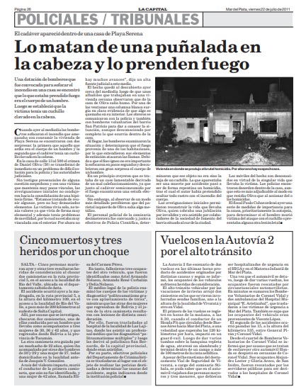 Publicación de la noticia en la edición de papel del viernes 22 de julio de 2011 del Diario LA CAPITAL.