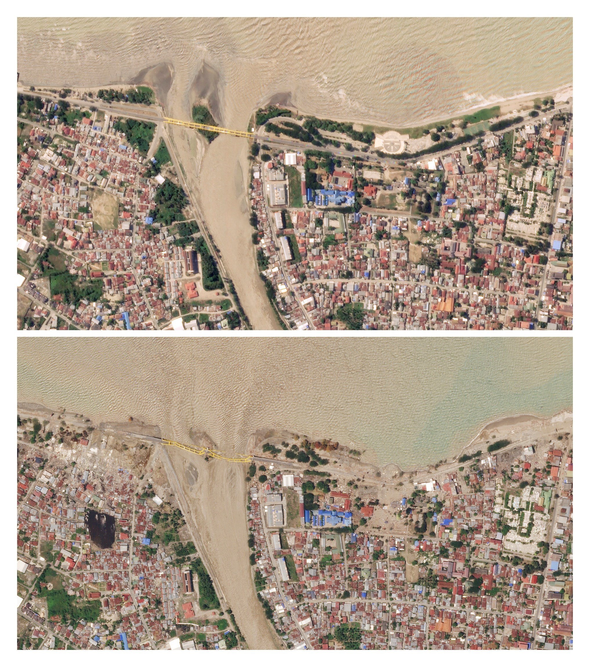Fotografías tomadas por satélite de Palu antes y después del terremoto y el posterior tsunami.
