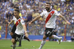 zzzznacd2NOTICIAS ARGENTINAS BAIRES, NOVIEMBRE 11: Lucas Pratto y Rafael Santos Borre festejan el gol del empate de River ante Boca en el partido de ida de la final de la Copa Libertadores. Foto NA: DAMIAN DOPACIOzzz