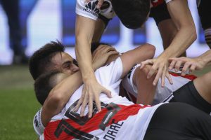 zzzznacd2NOTICIAS ARGENTINAS BAIRES, NOVIEMBRE 11: Gonzalo Martinez y sus compañeros festejan el gol del empate de River ante Boca en el partido de ida de la final de la Copa Libertadores. Foto NA: DAMIAN DOPACIOzzz