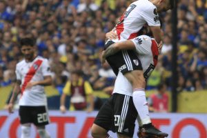 zzzznacd2NOTICIAS ARGENTINAS BAIRES, NOVIEMBRE 11: Lucas Pratto y Rafael Santos Borre festejan el gol del empate de River ante Boca en el partido de ida de la final de la Copa Libertadores. Foto NA: MARIANO SANCHEZzzzz