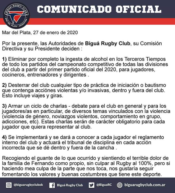 El comunicado publicado por el club de rugby Biguá. 