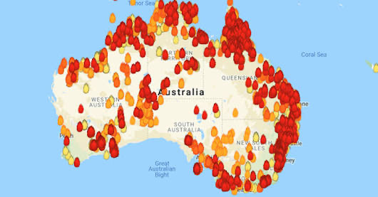 Mapa de Australia con los incendios forestales activos a fines de diciembre. 