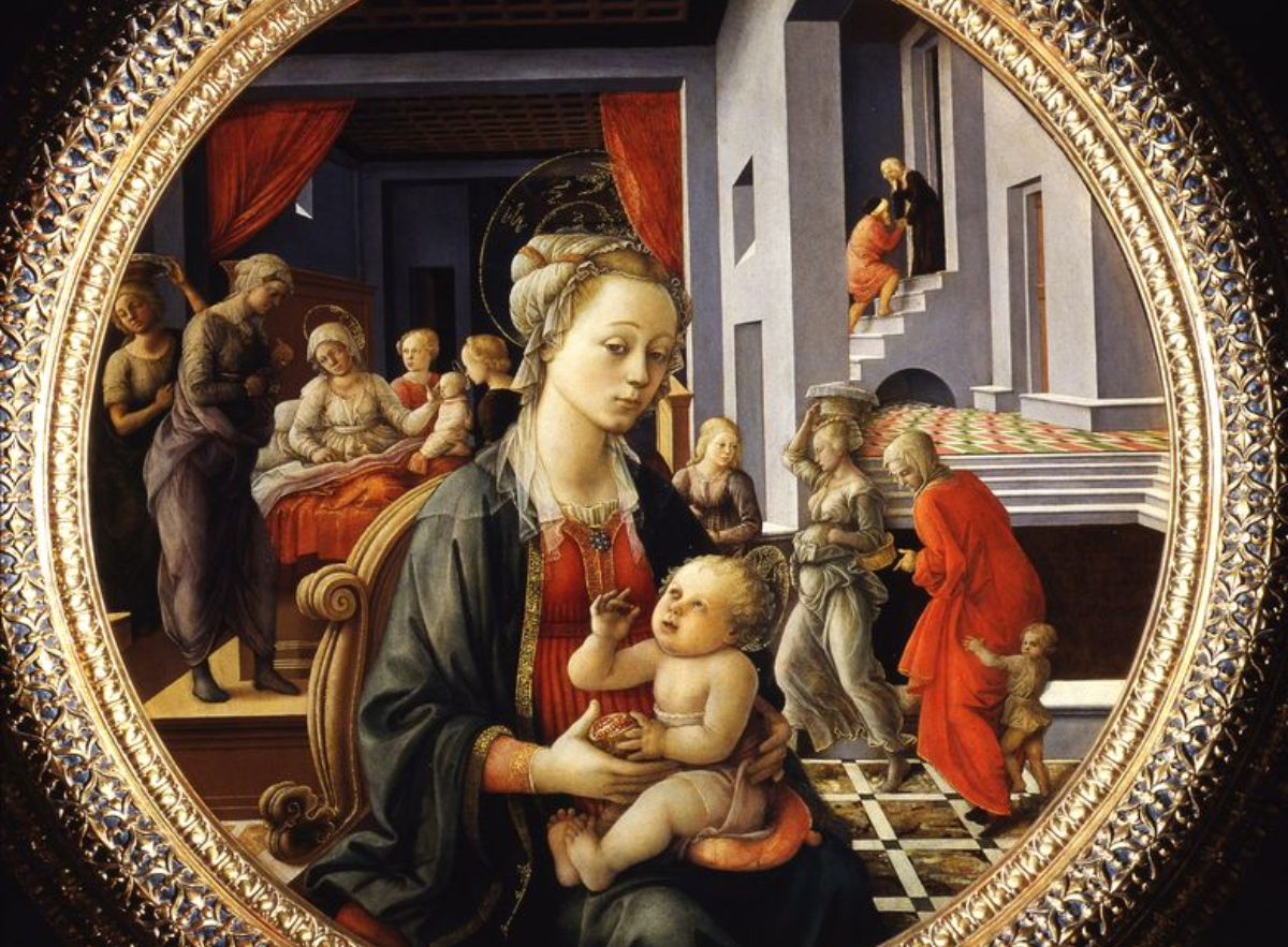 Vista de la obra "Virgen con el niño e historia de la vida de Santa Ana", de Filippo Lippi, exhibida en la Galería Palatina del Palacio Pitti, Florencia.