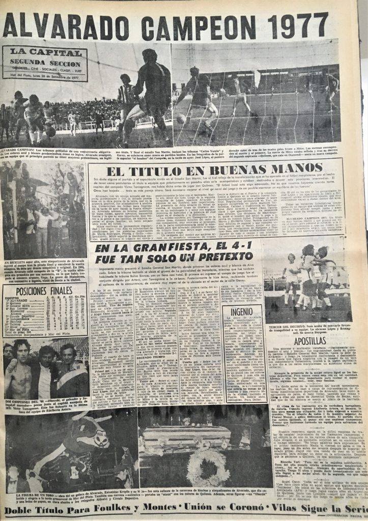 Imagen de la tapa del suplemento deportivo de LA CAPITAL el día de la consagración de Alvarado.