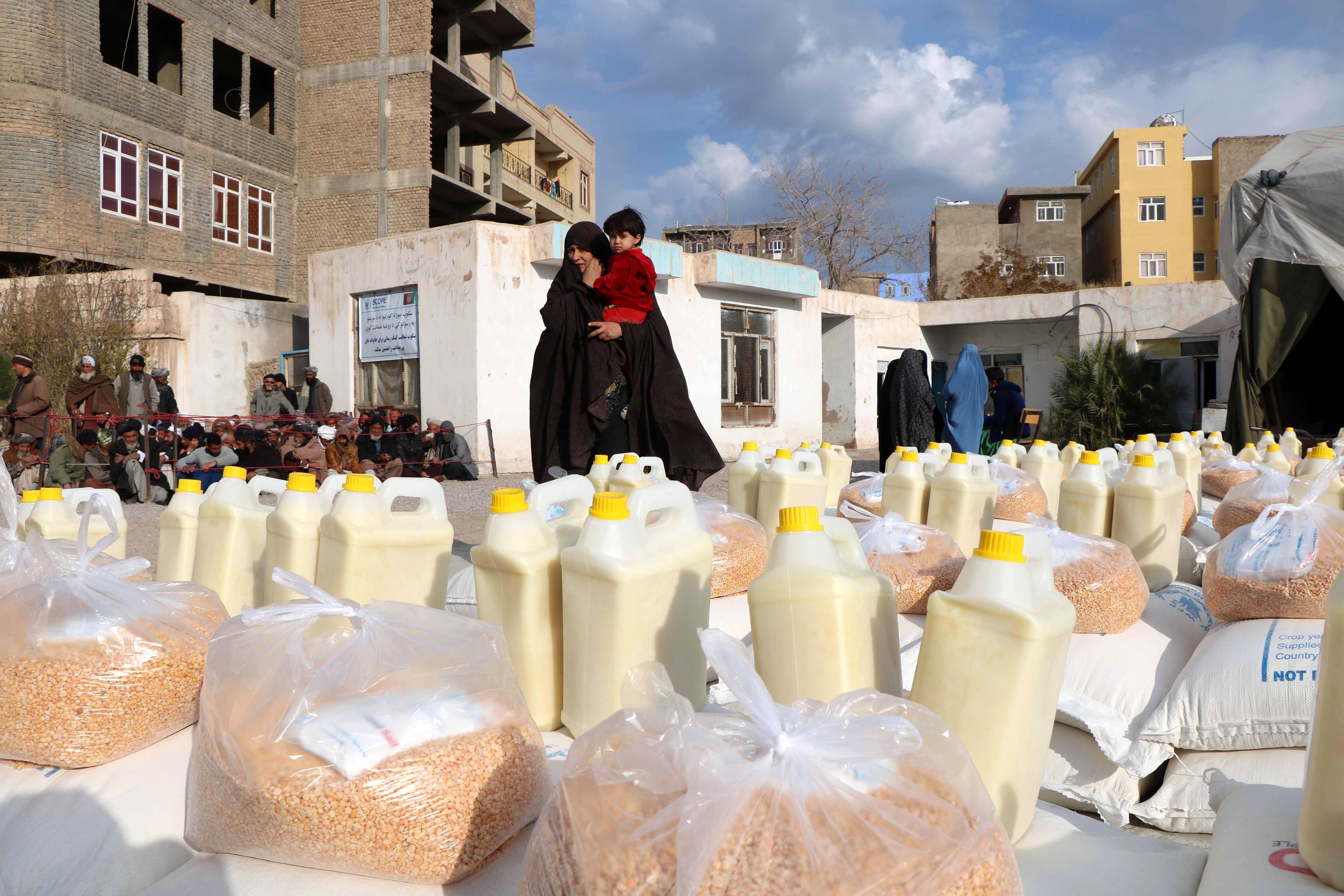 Familias afganas reciben alimentos distribuidos por el Programa Mundial de Alimentos. Foto: EFE | EPA | Jalil Rezayee.