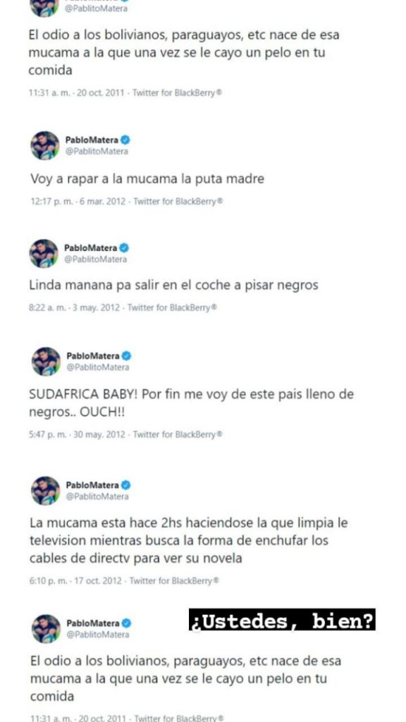 Los mensajes discriminatorios y xenófobos de Pablo Matera en Twitter