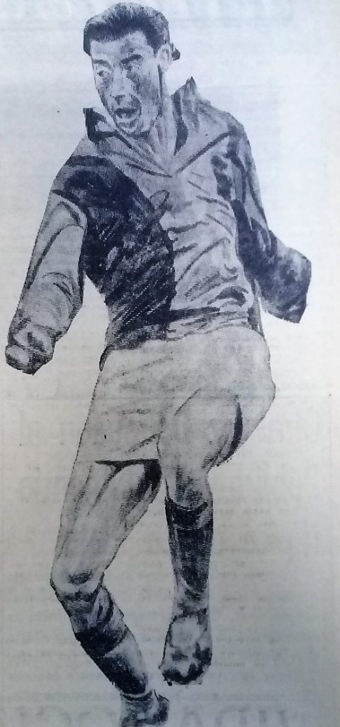 Dibujo de "Pocho" Pereyra con la camiseta de San Lorenzo. En ese club ganó un ascenso, cinco títulos de primera y convirtió 108 goles en trece temporadas