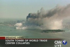 ****inte1This 11 September, 2001 television image courtesy of CNN shows the south tower of the World Trade Center collapsing following an explosion after two planes flew into the buildings.      NO MAGS/ NO SALES/ NO ARCHIVES AFP PHOTO/CNN****