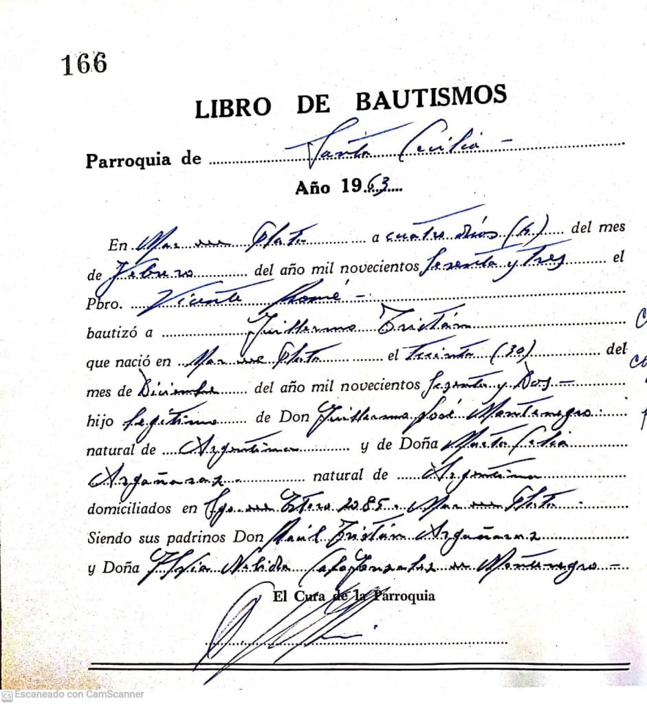 Acta de bautismo de Guillermo Montenegro, febrero de 1963.