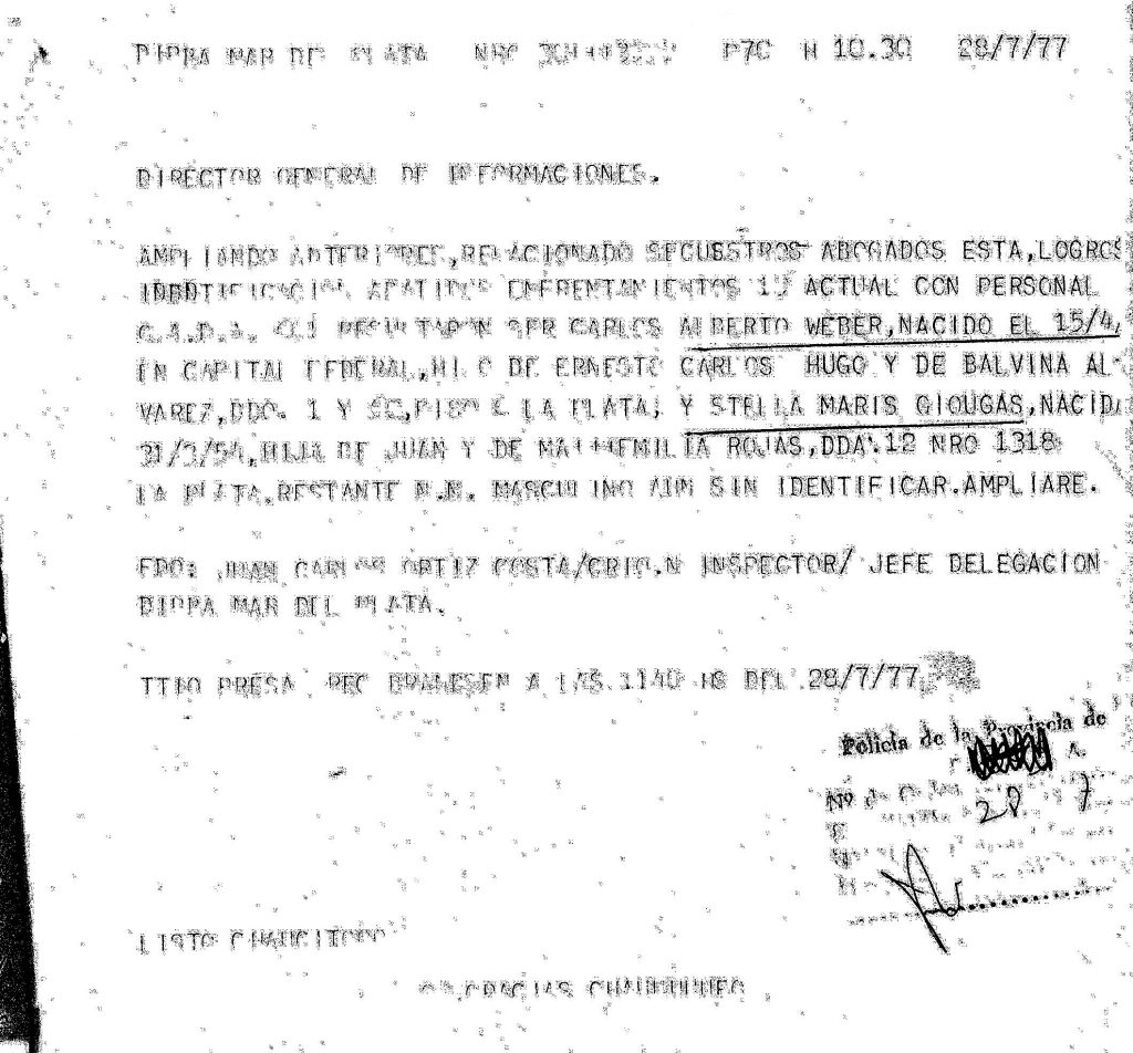 Radiograma de la policía que permaneció oculto durante treinta años. Contiene la identificación de Weber y Giourgas en Mar del Plata.