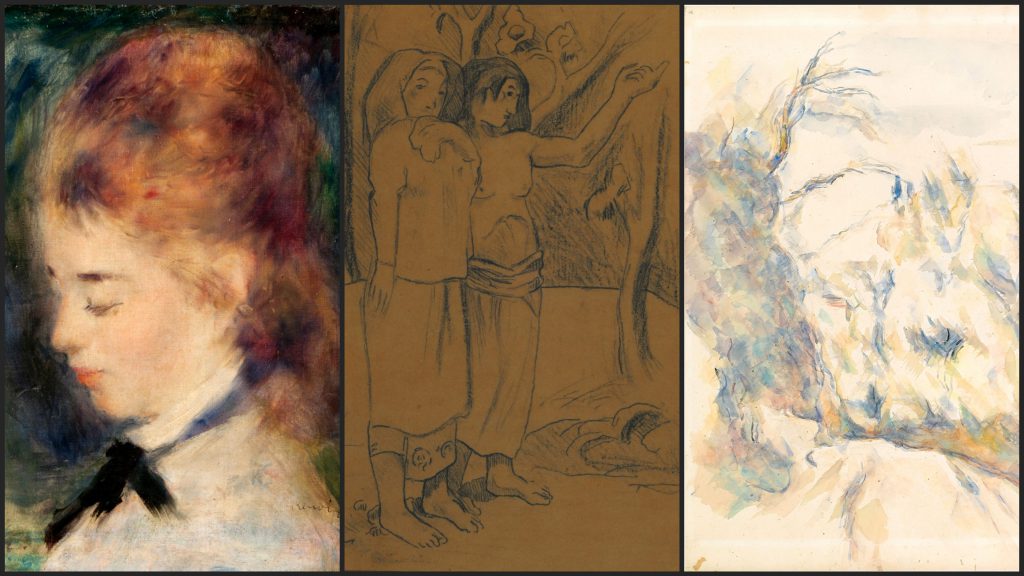 "Retrato de mujer" de Renoir, "El llamado" de Guauguin y "Recodo del camino" de Cézanne. 