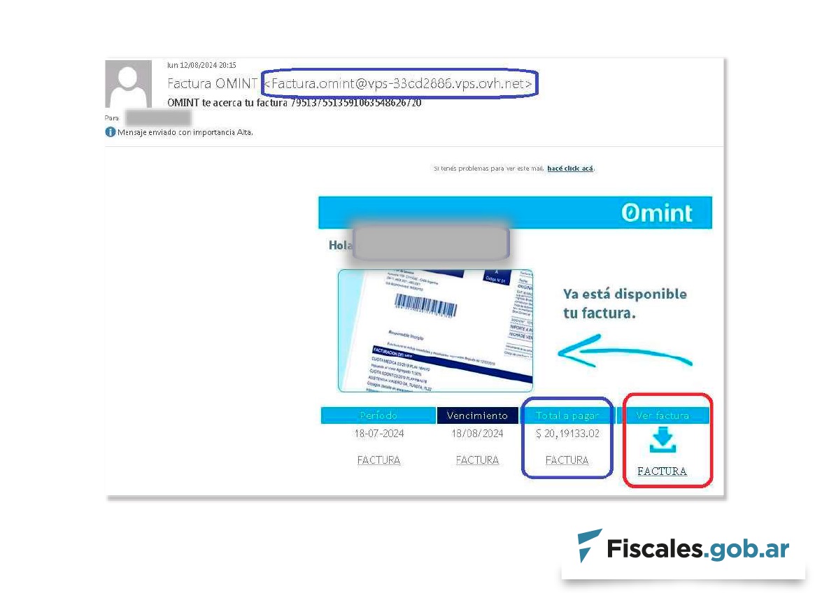 Así se ven los correos electrónicos fraudulentos. En caso de resultar víctima, puede reportar los hechos a la casilla denunciasufeci@mpf.gov.ar, con el asunto “DENUNCIA CORREO ELECTRÓNICO OMINT”.