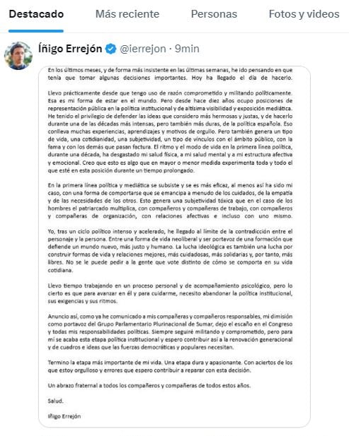 Íñigo Errejón deja la política por su "desgaste" físico y mental