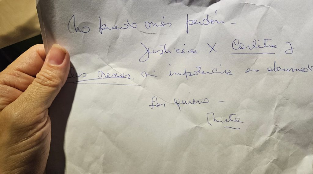 Carta dejada por Mirta antes de suicidarse.