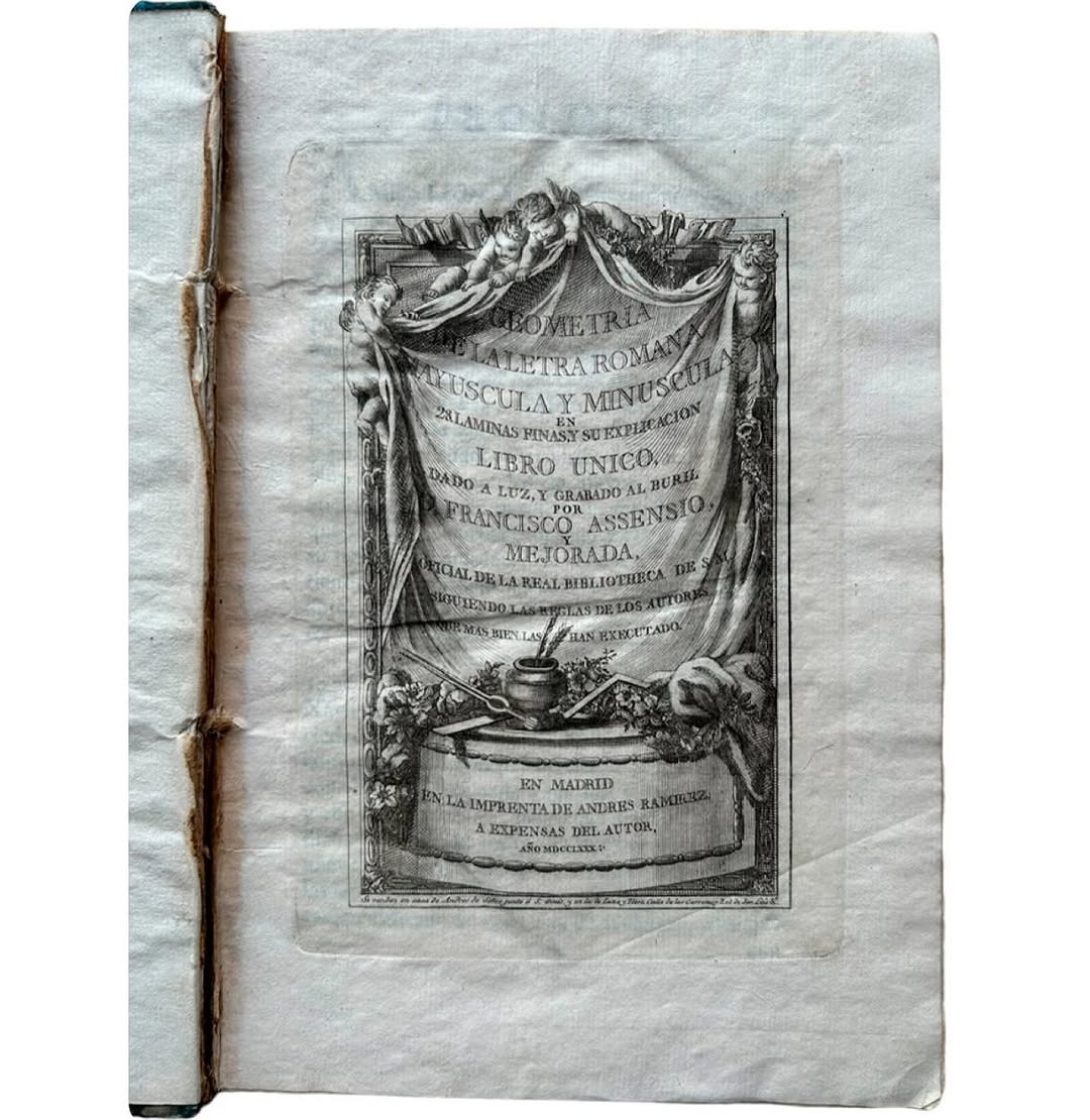 Primer libro impreso en España dedicado al diseño de las letras del alfabeto romano, de Francisco Assensio Mejorada, que forma parte del catálogo de Librería de Antano (Buenos Aires). Foto: @libreria_de_antano