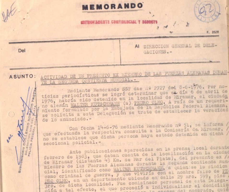 Memorando firmado por el subcmisario Guillermo Trotta, de la Policía Federal de Mar del Plata.