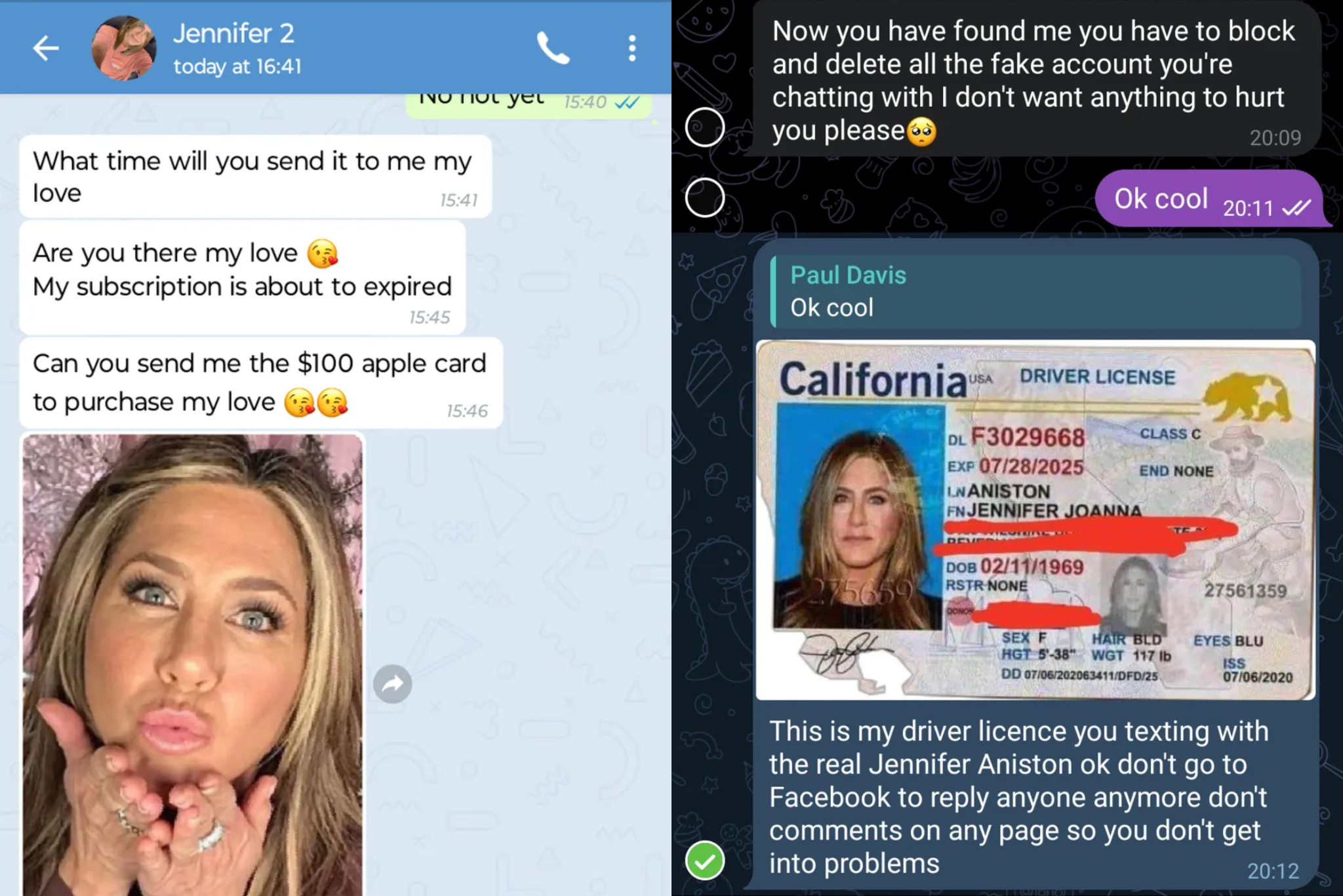 La falsa Jennifer Aniston le pedía dinero para “suscripciones a Apple”.