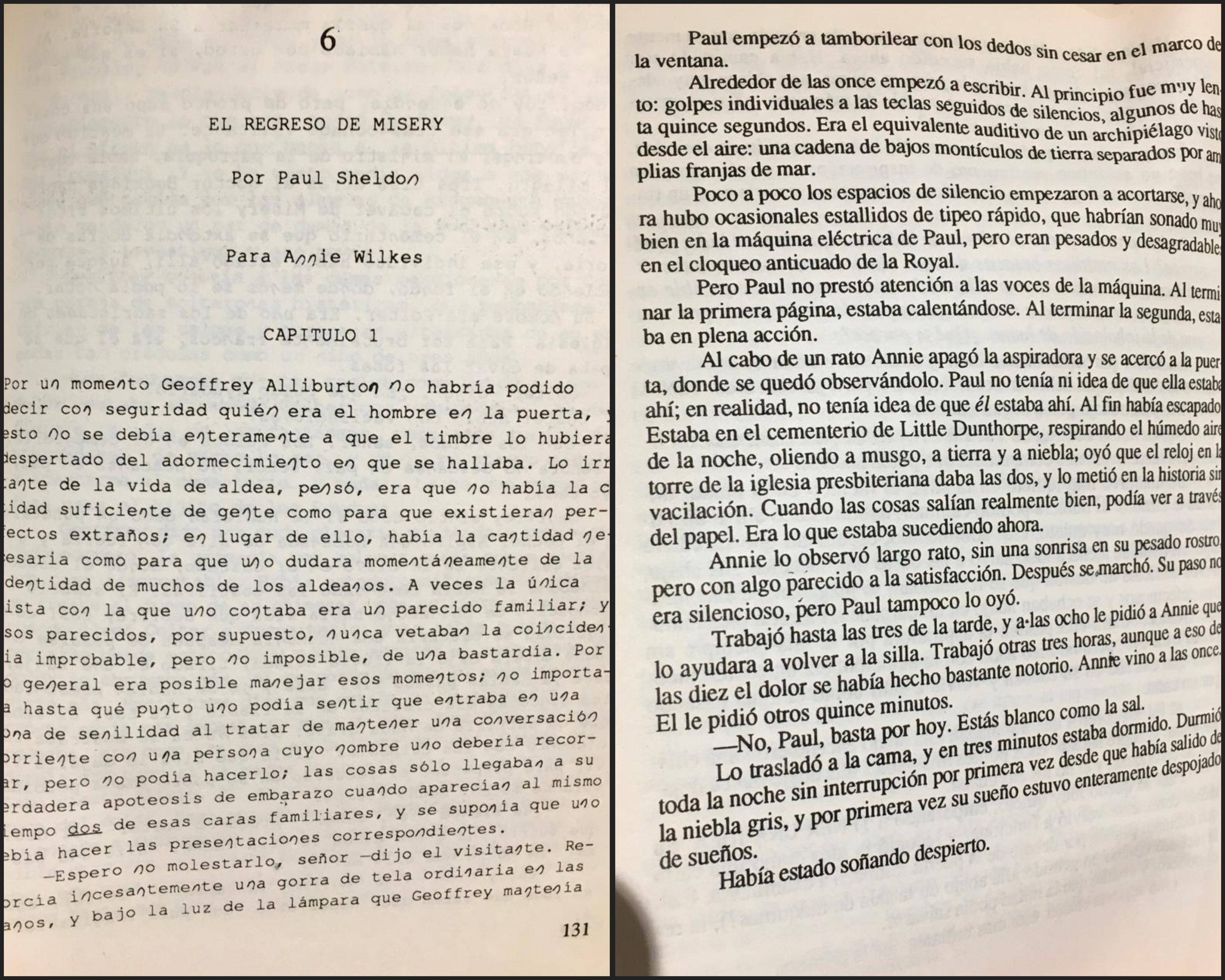 Dos páginas consecutivas de la novela "Misery", que ilustran los dos planos narrativos. 