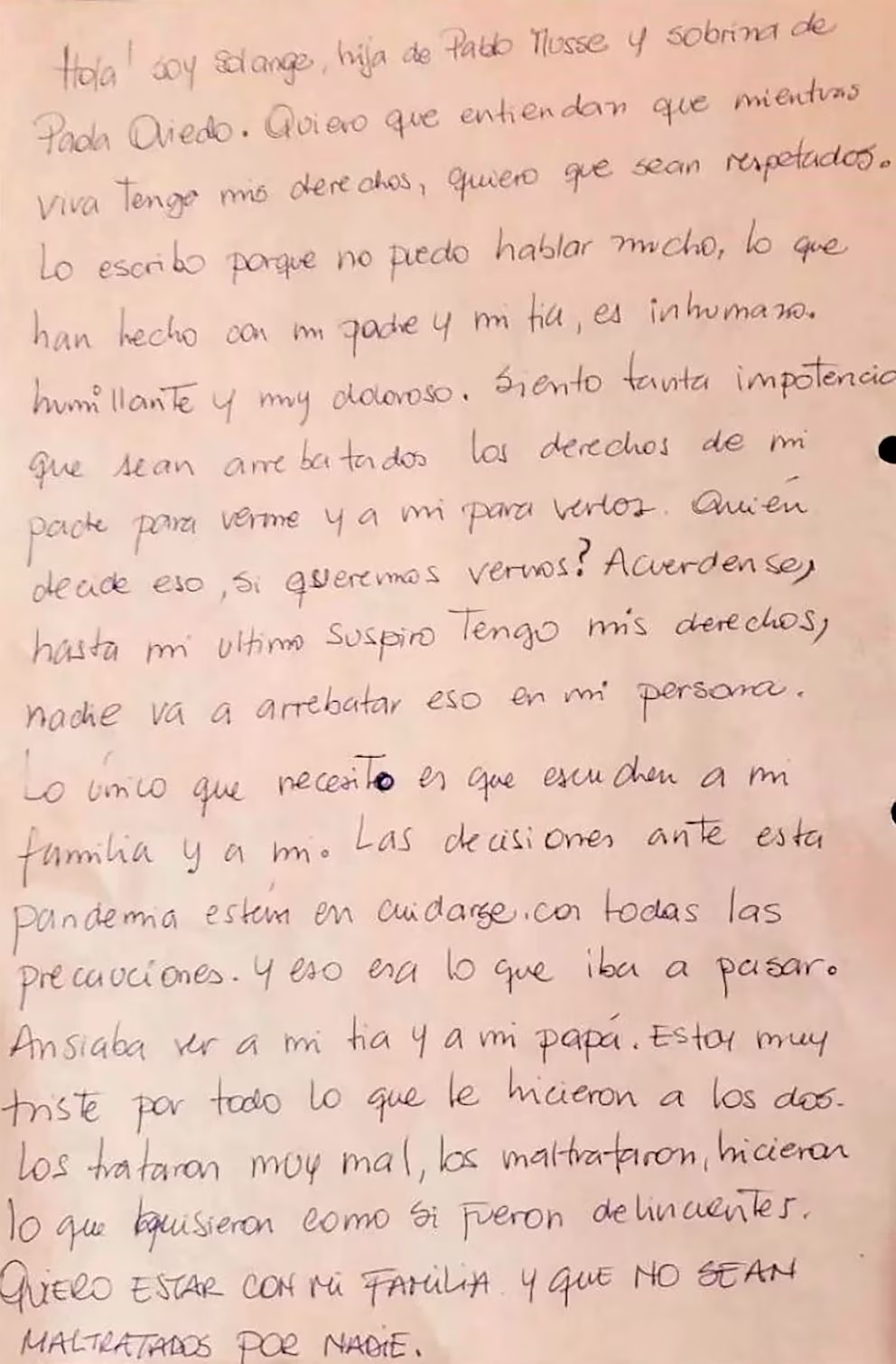 La desgarradora carta que escribió Solange para pedir que su papá pudiera viajar a Córdoba para estar con ella y poder abrazarlo.