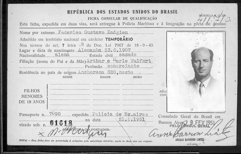 Ficha consultar de Friedrich Kadgien en Brasil.