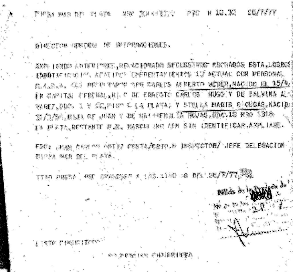 Radiograma de la policía que permaneció oculto durante treinta años. Contiene la identificación de Weber y Giourgas en Mar del Plata. Foto: Archivo LA CAPITAL.