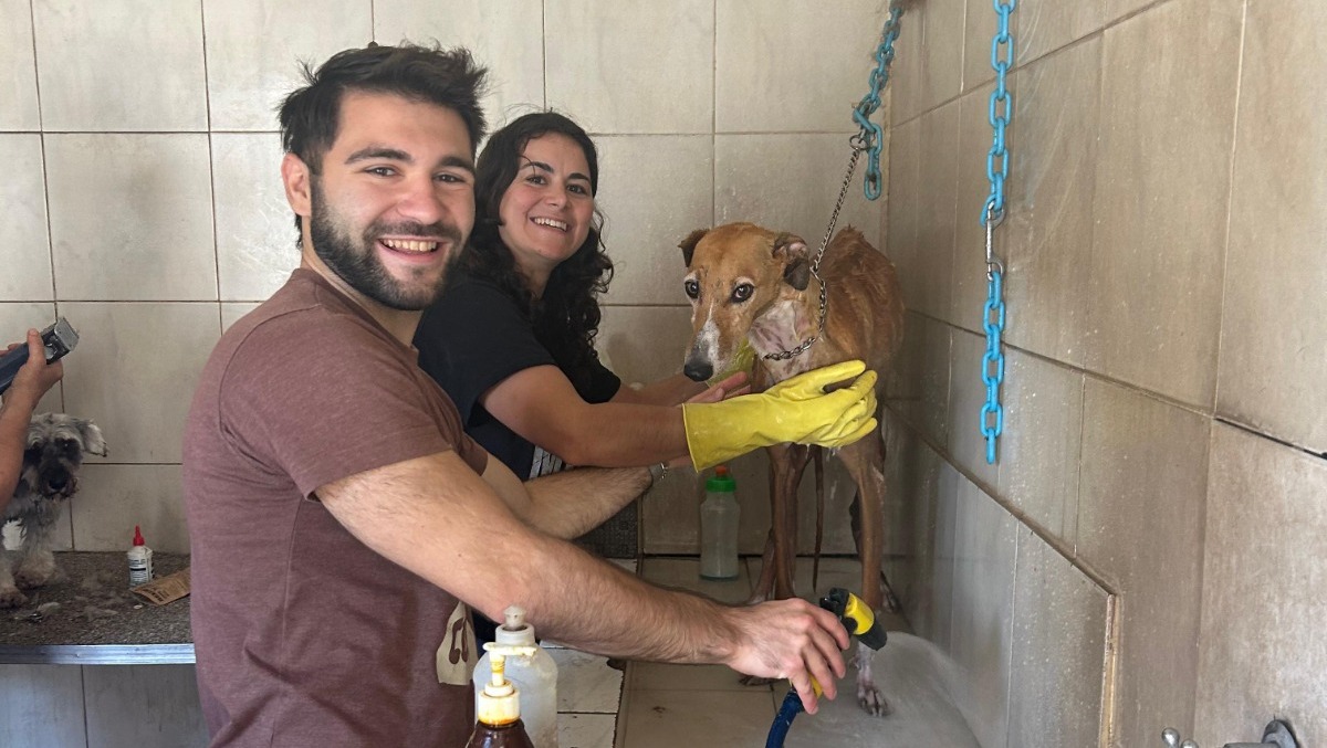 Tiziano y su pareja, bañando por primera vez a Coca.
