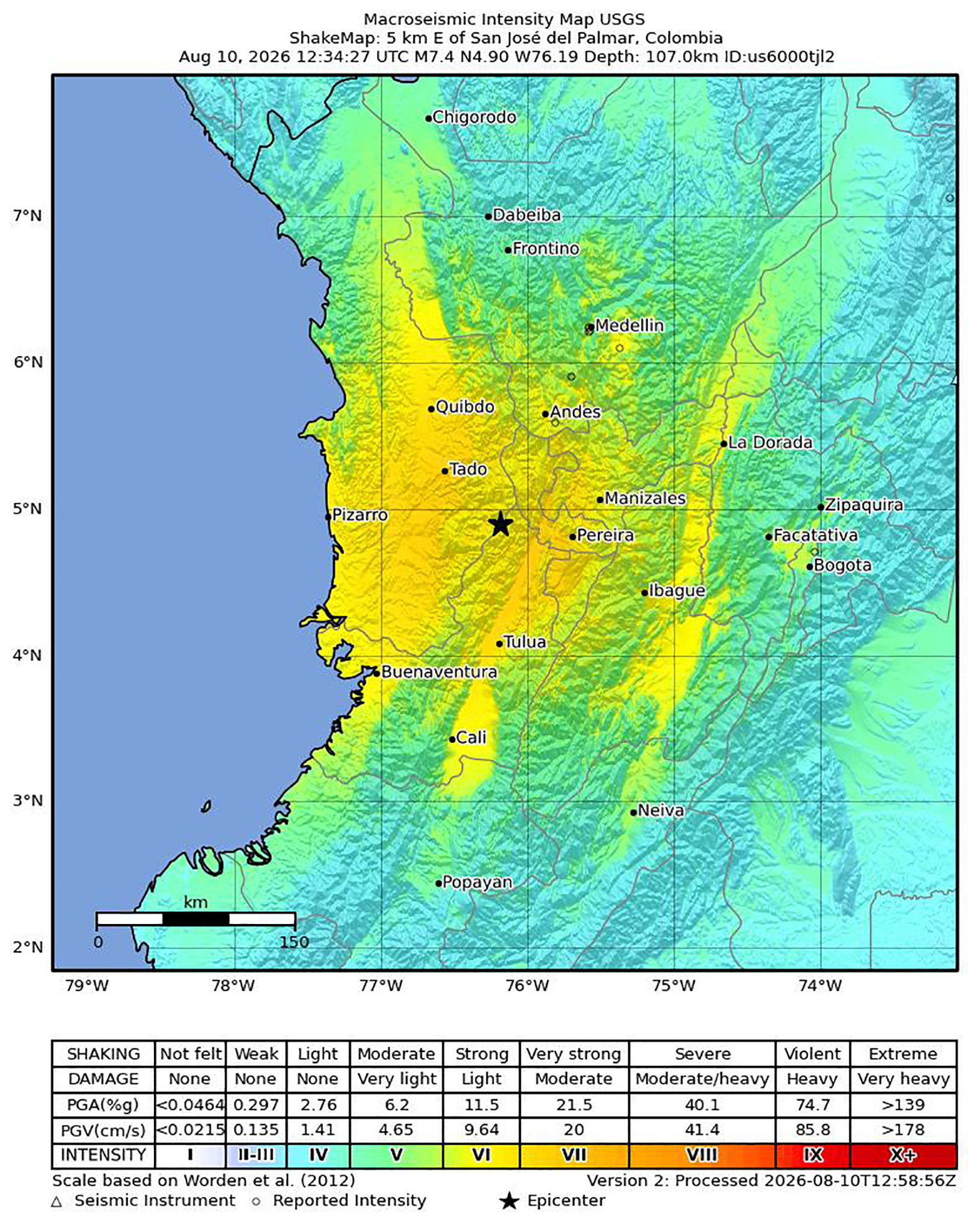 Un mapa del Servicio Geológico de los Estados Unidos muestra la ubicación del terremoto de magnitud 7,4 que sacudió el oeste de Colombia. El epicentro se registró en San José del Palmar, a una profundidad de 107 kilómetros. Foto: USGS.